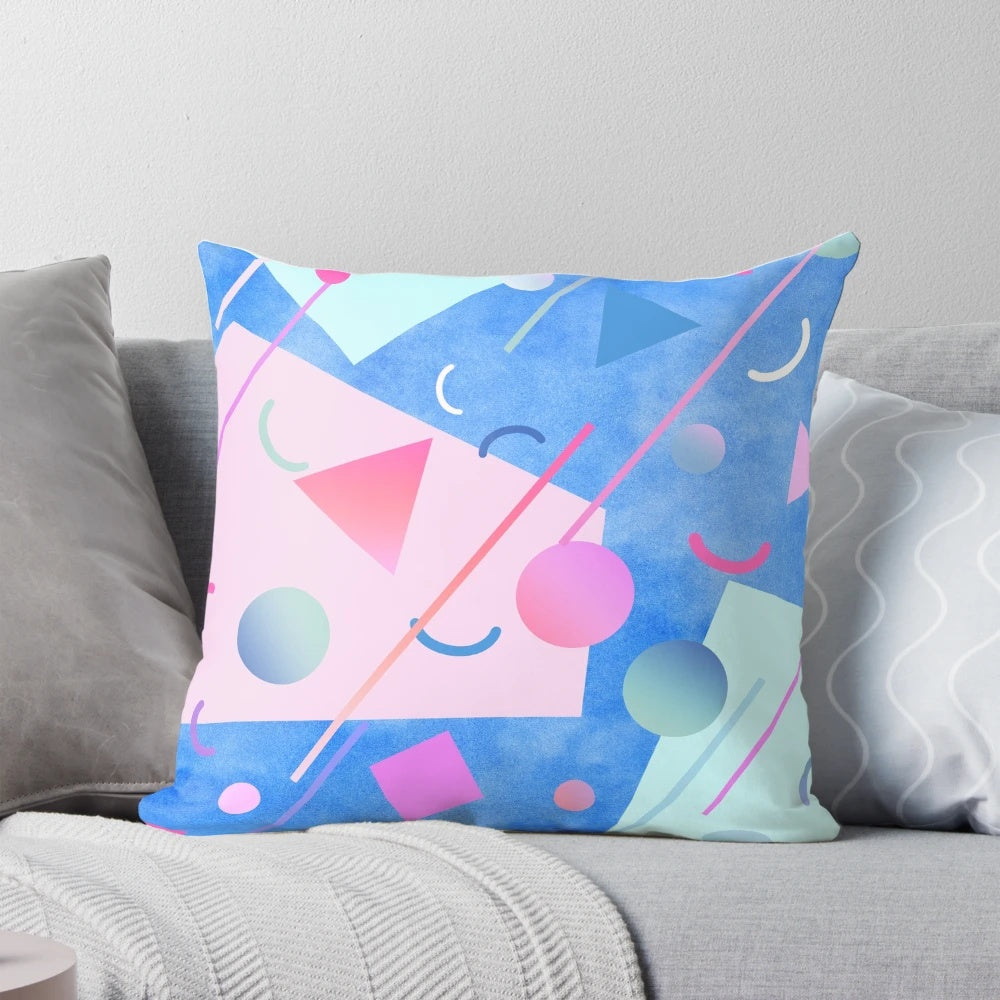Bright blue 80s-inspired retro Memphis pattern pillow with electric neon grid and funky, futuristic design.
