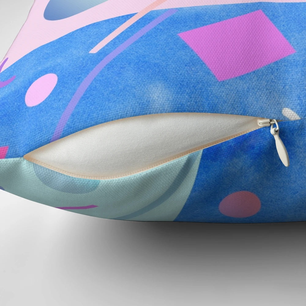 Bright blue 80s-inspired retro Memphis pattern pillow with electric neon grid and funky, futuristic design.