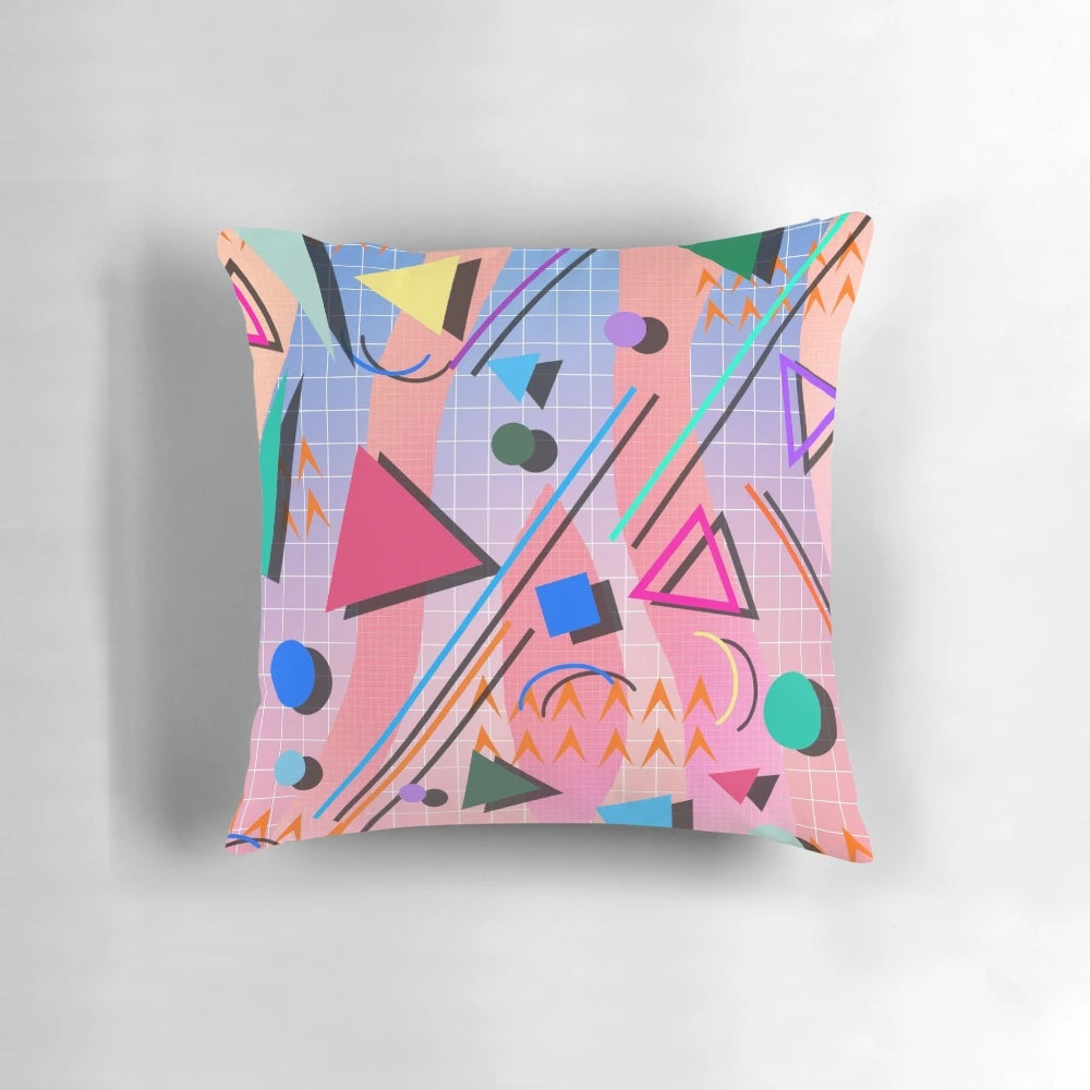 Colorful 80s-inspired pop art retro pattern pillow with futuristic neon grid design