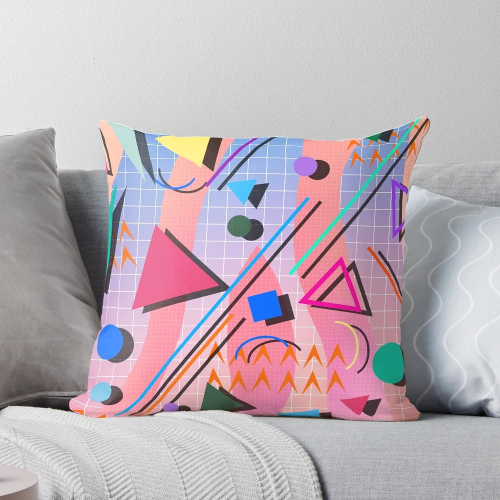 Colorful 80s-inspired pop art retro pattern pillow with futuristic neon grid design
