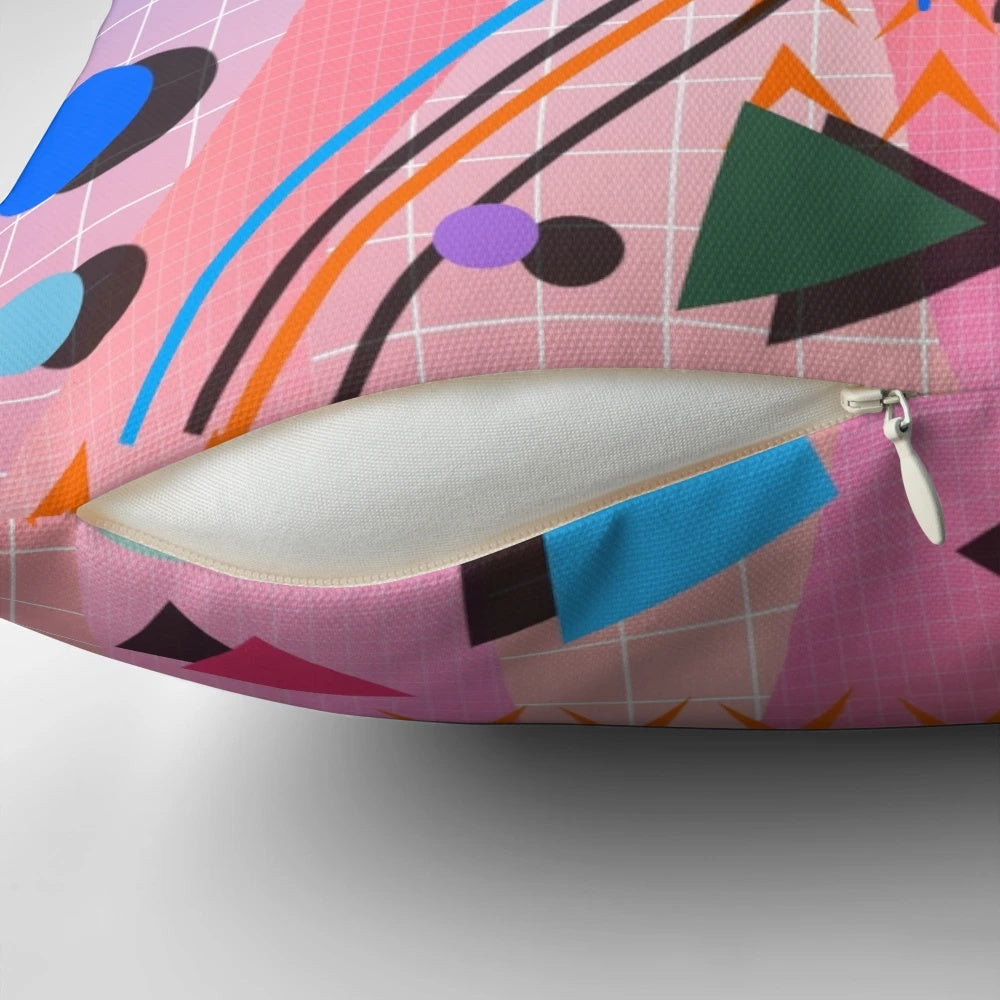 Colorful 80s-inspired pop art retro pattern pillow with futuristic neon grid design