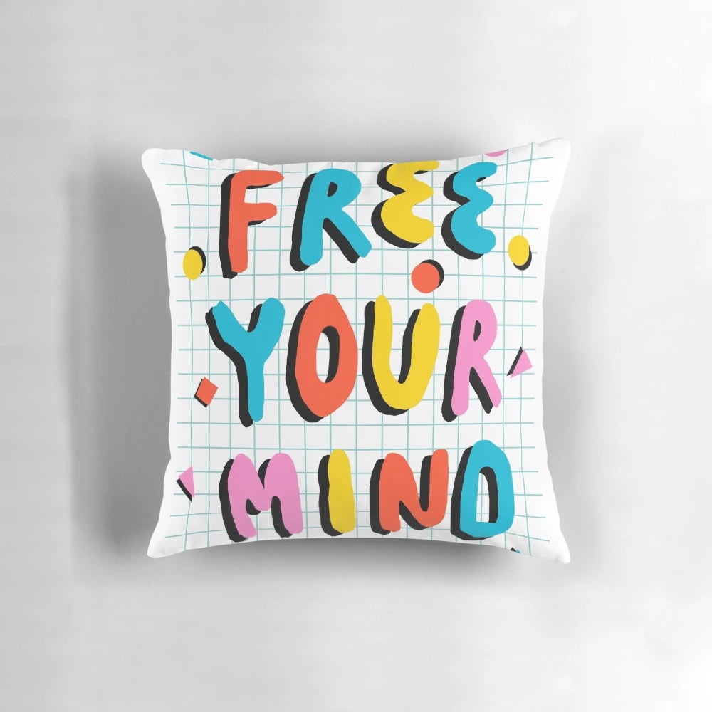 Colorful 80s-inspired neon typography pillow with positive vibes