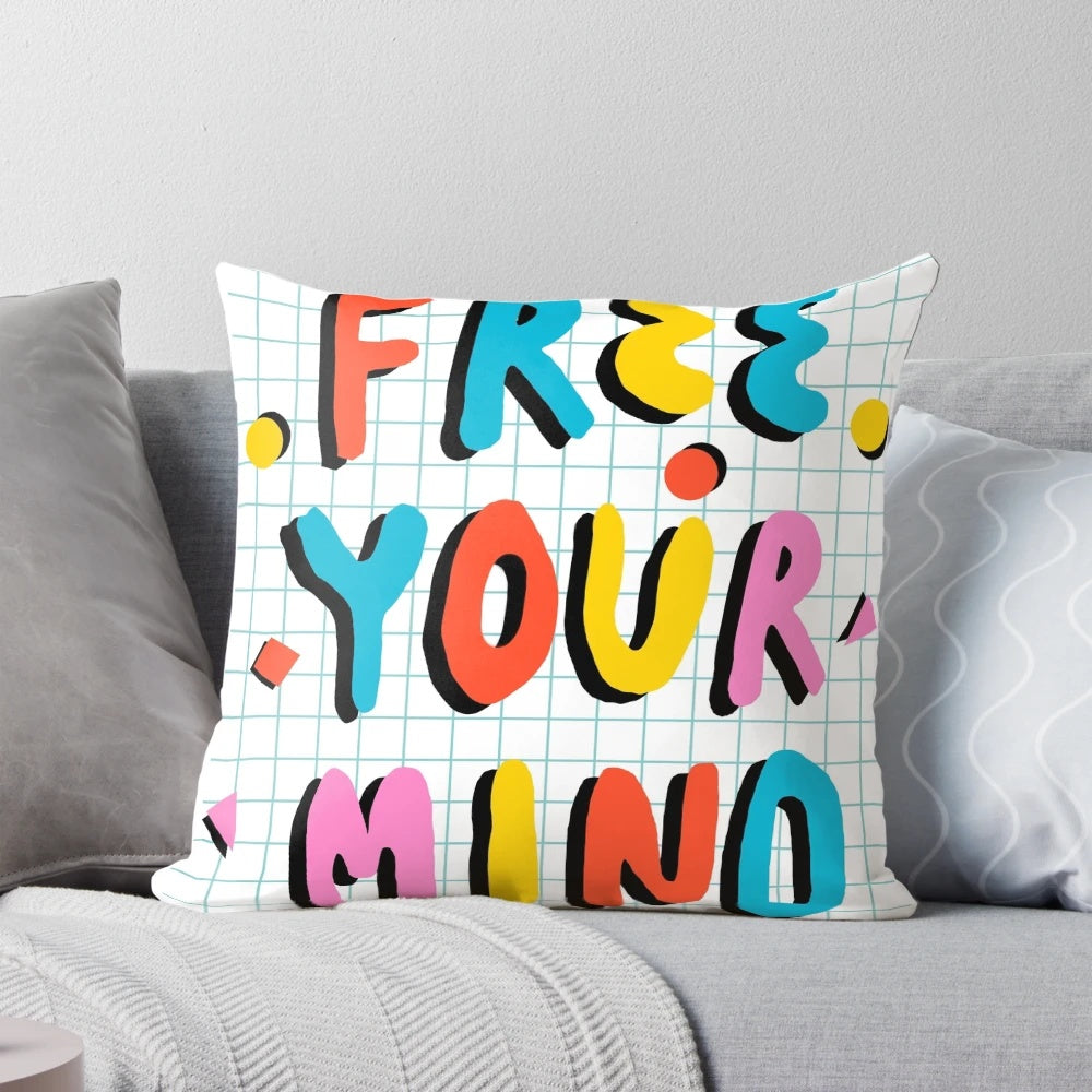 Colorful 80s-inspired neon typography pillow with positive vibes