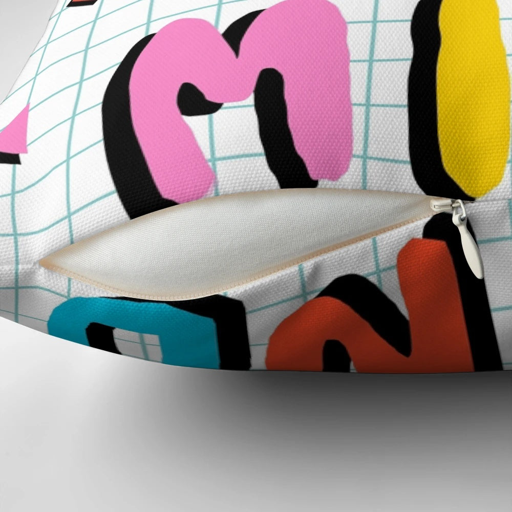 Colorful 80s-inspired neon typography pillow with positive vibes