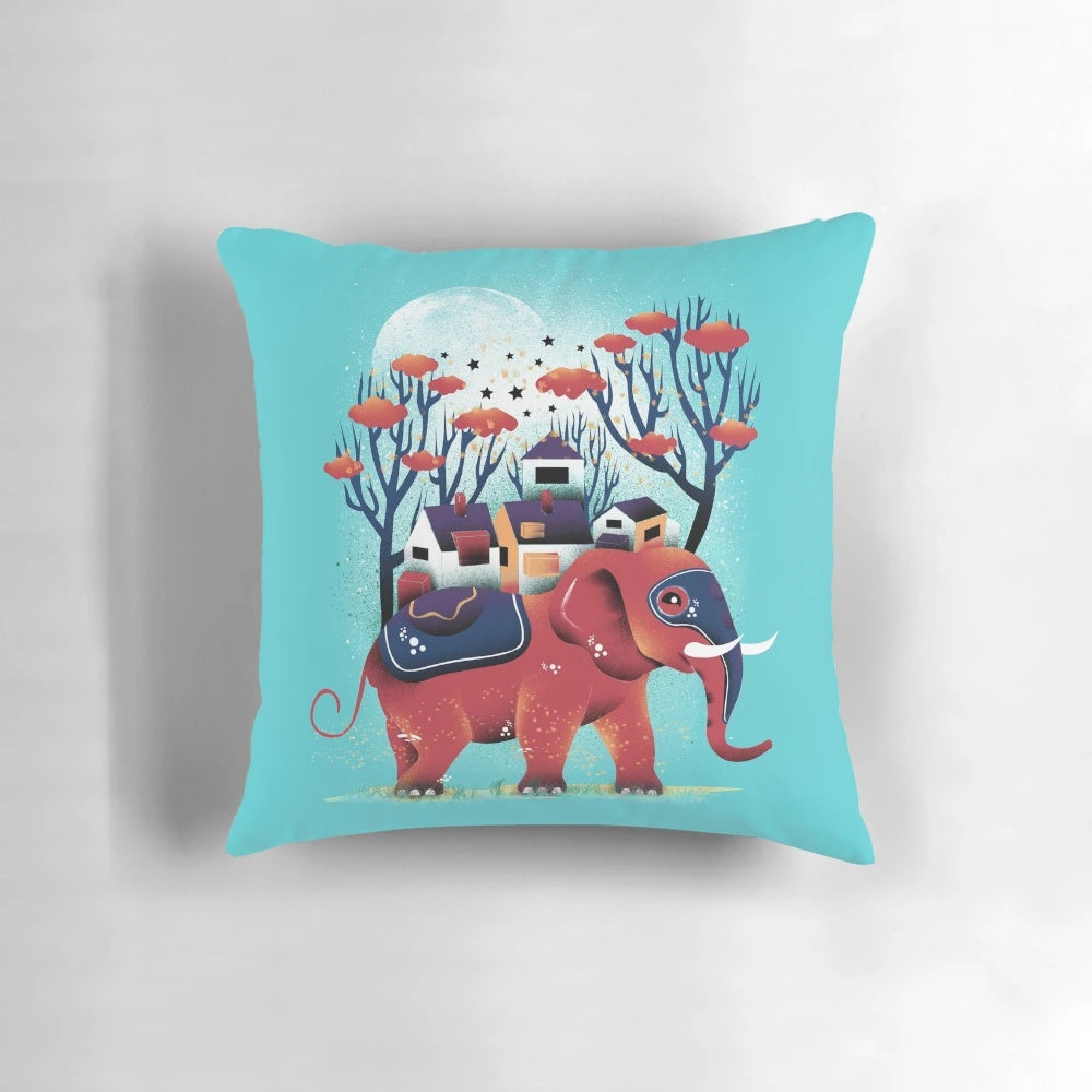 Vibrant, surreal illustration of a colorful ride on a "A Colorful Ride" decorative pillow