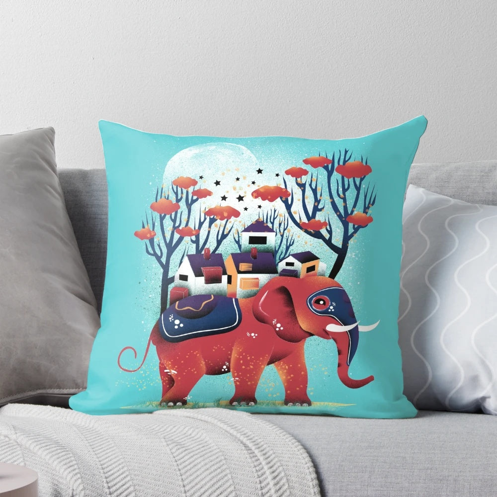 Vibrant, surreal illustration of a colorful ride on a "A Colorful Ride" decorative pillow
