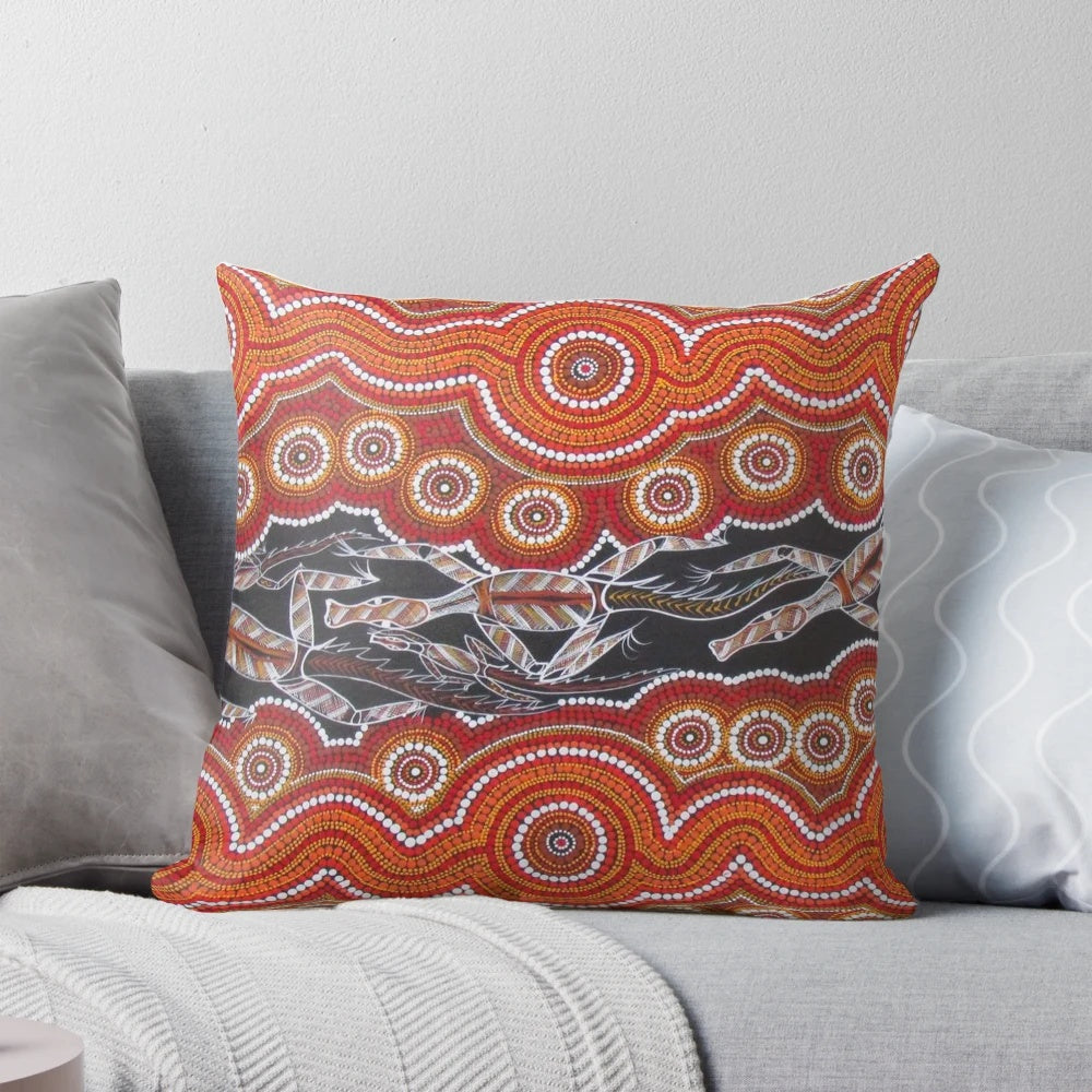 Colorful Australian aboriginal art pillow featuring traditional indigenous dot painting design