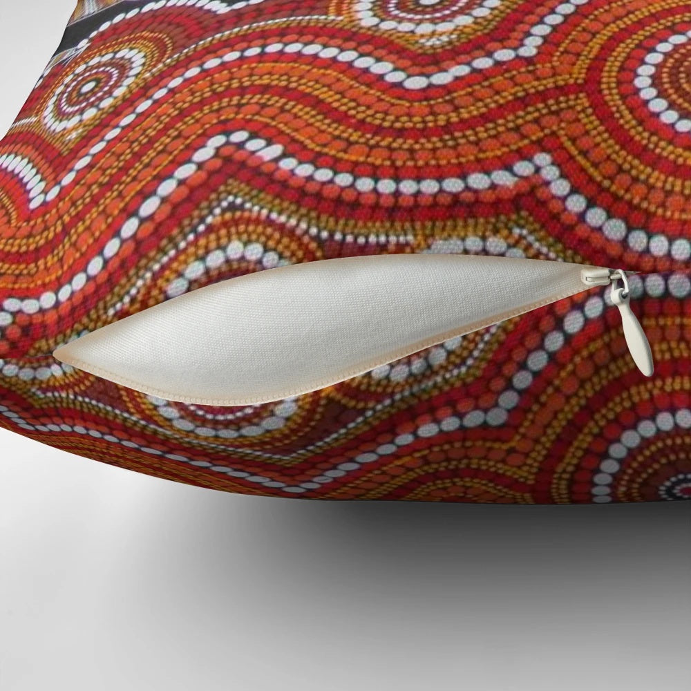 Colorful Australian aboriginal art pillow featuring traditional indigenous dot painting design