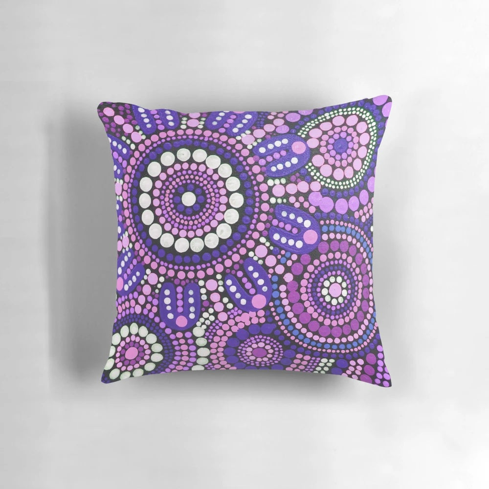 Colorful aboriginal art purple pattern pillow with pink and dot design elements