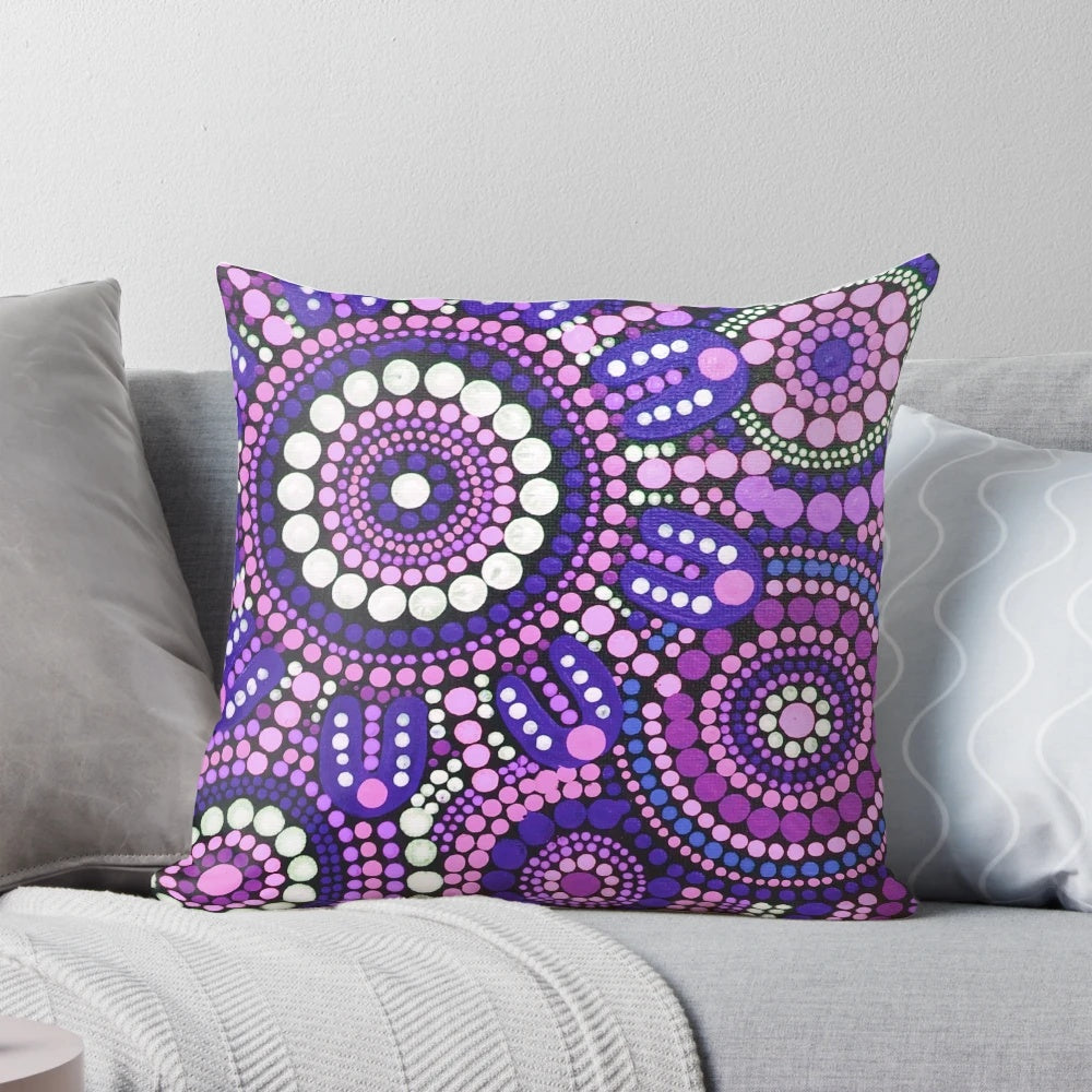 Colorful aboriginal art purple pattern pillow with pink and dot design elements