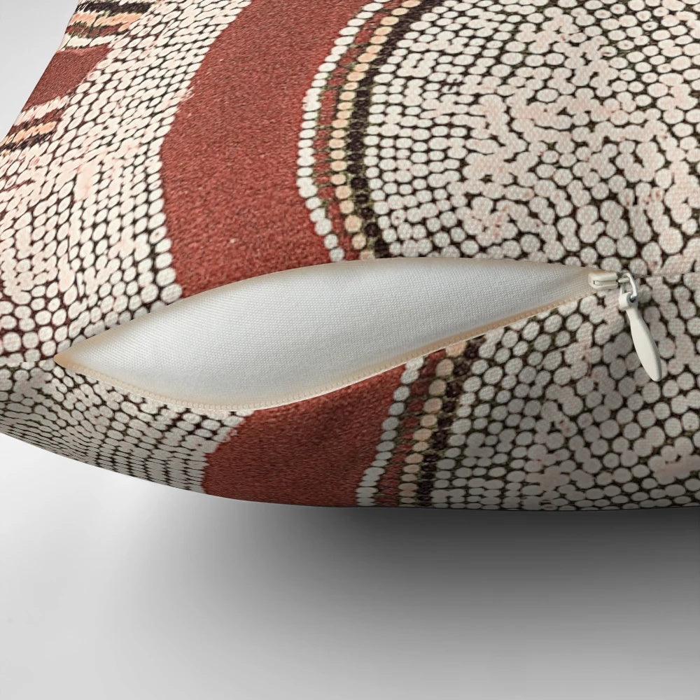 Colorful aboriginal dot art design on a throw pillow, featuring intricate patterns and circles inspired by Australian indigenous culture.