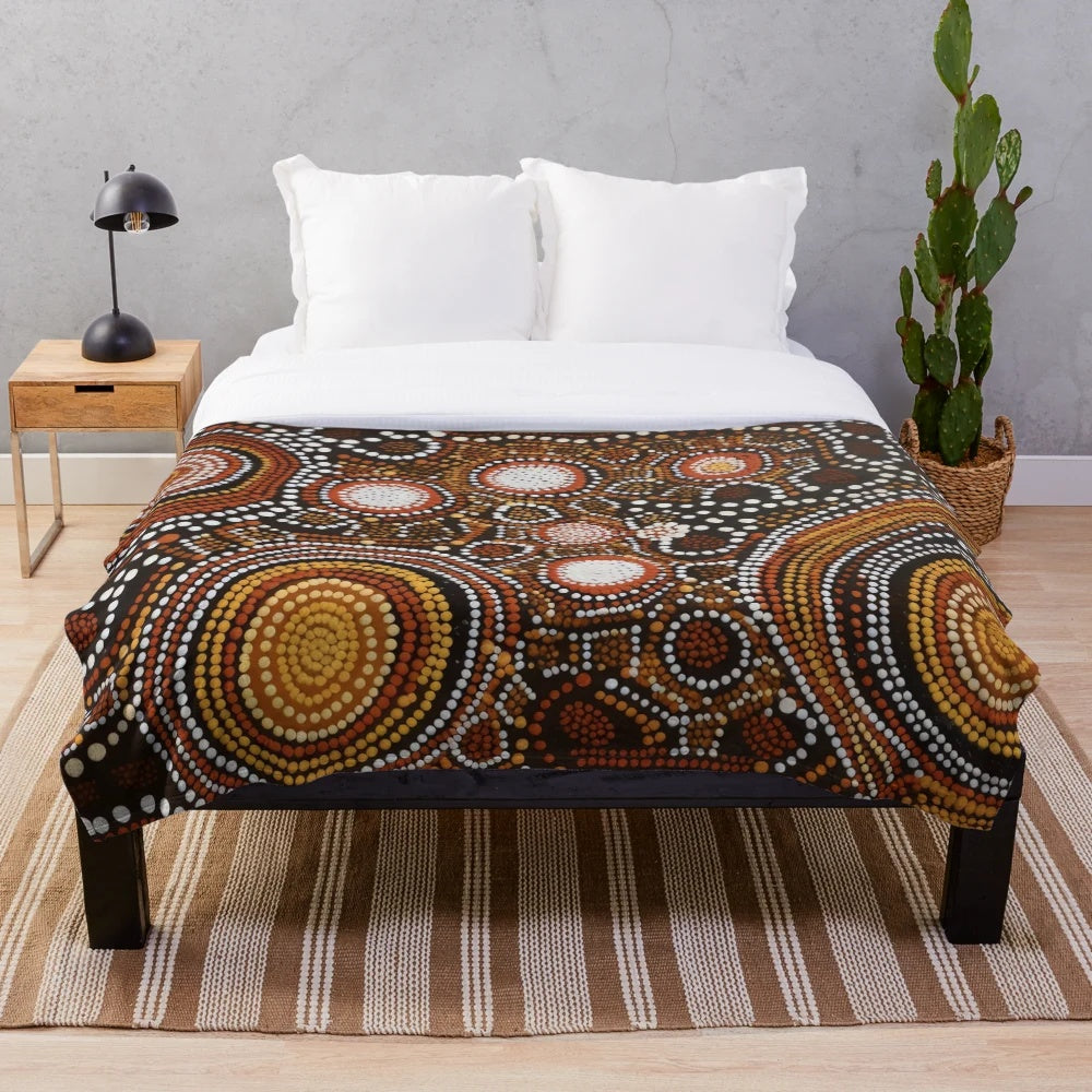 Vibrant aboriginal-inspired plush blanket with colorful jigsaw puzzle design