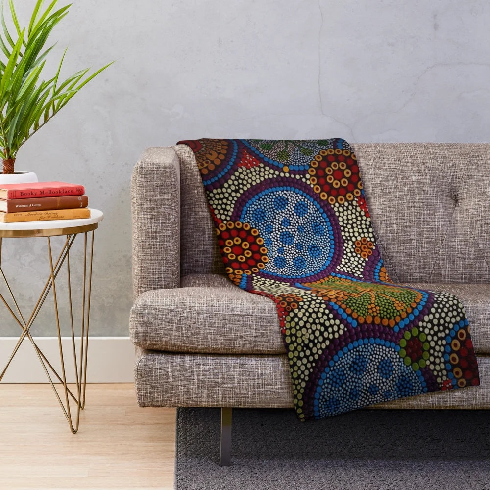 Vibrant aboriginal-inspired plush blanket with dot art design