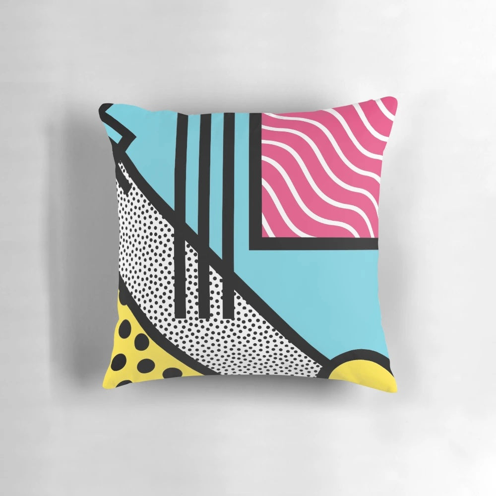 Colorful abstract 80s memphis pop art style graphics on a decorative throw pillow