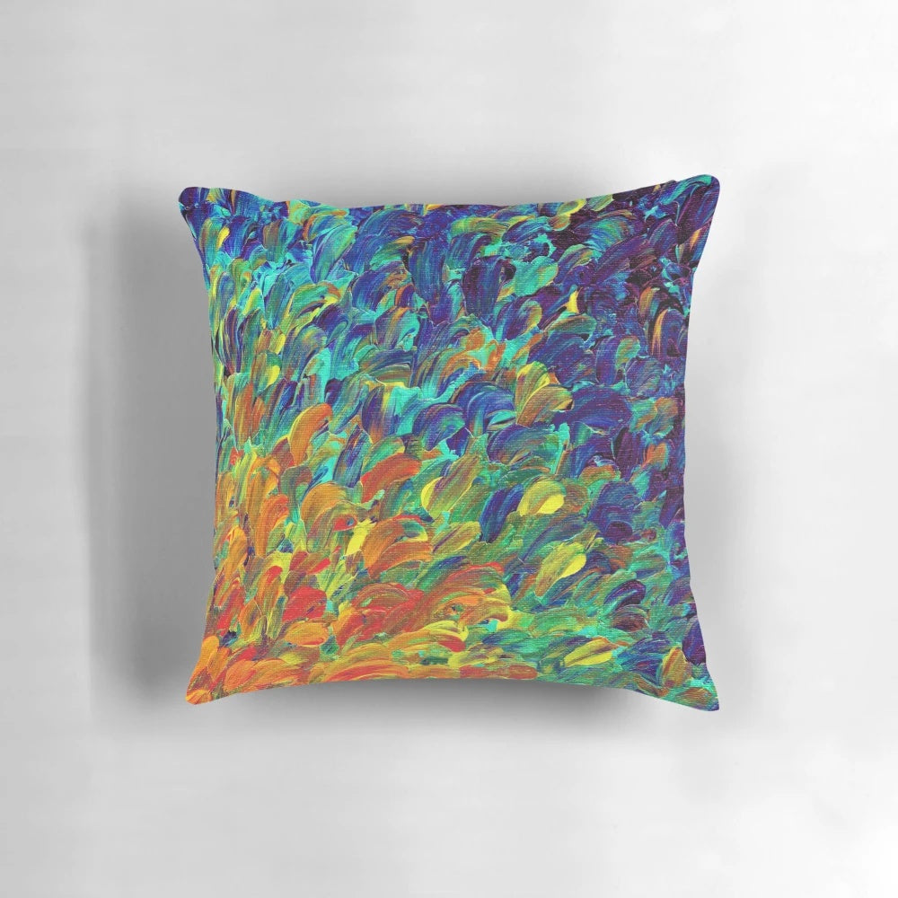 Vibrant abstract acrylic painting featuring bold splashes of blue and orange evoking ocean waves