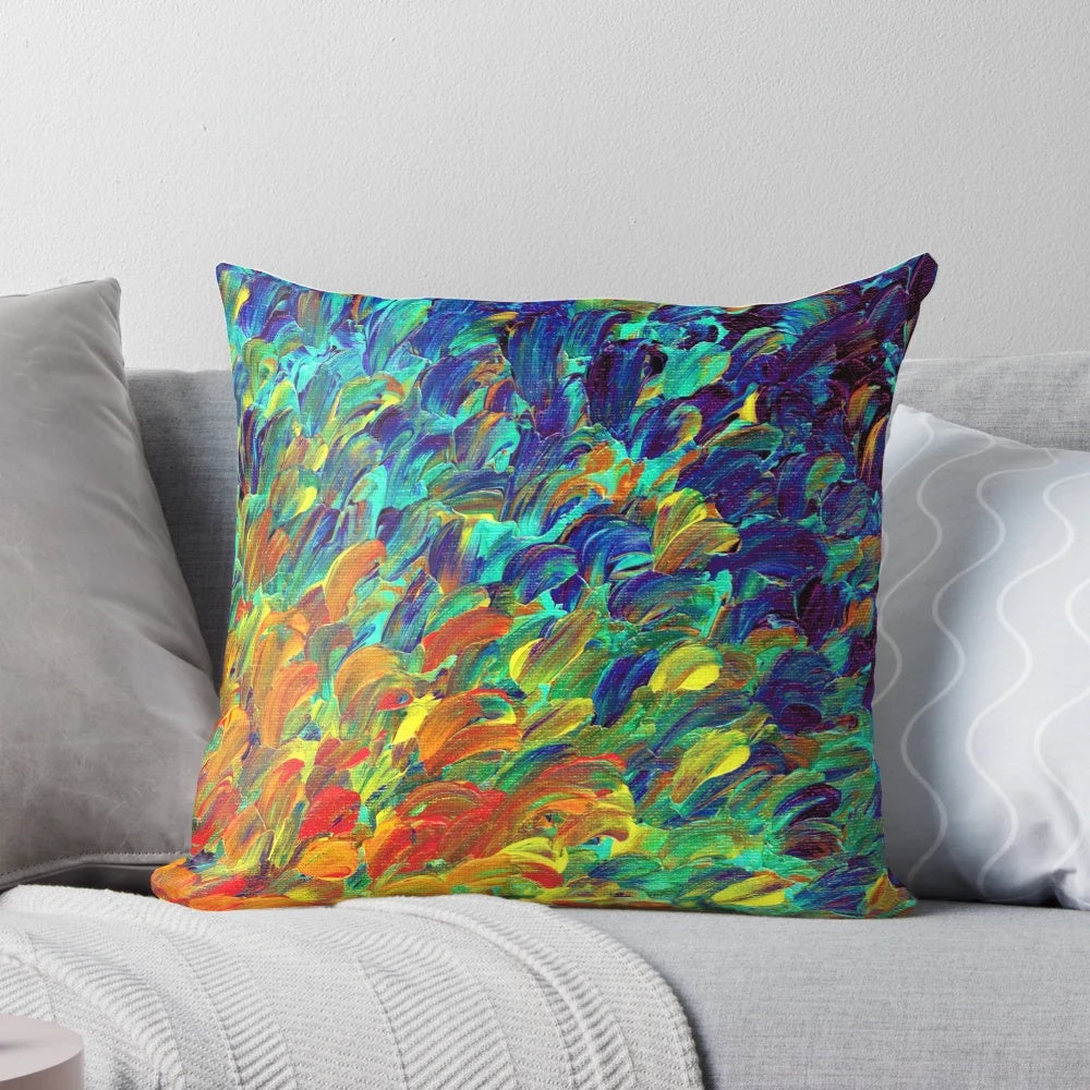 Vibrant abstract acrylic painting featuring bold splashes of blue and orange evoking ocean waves