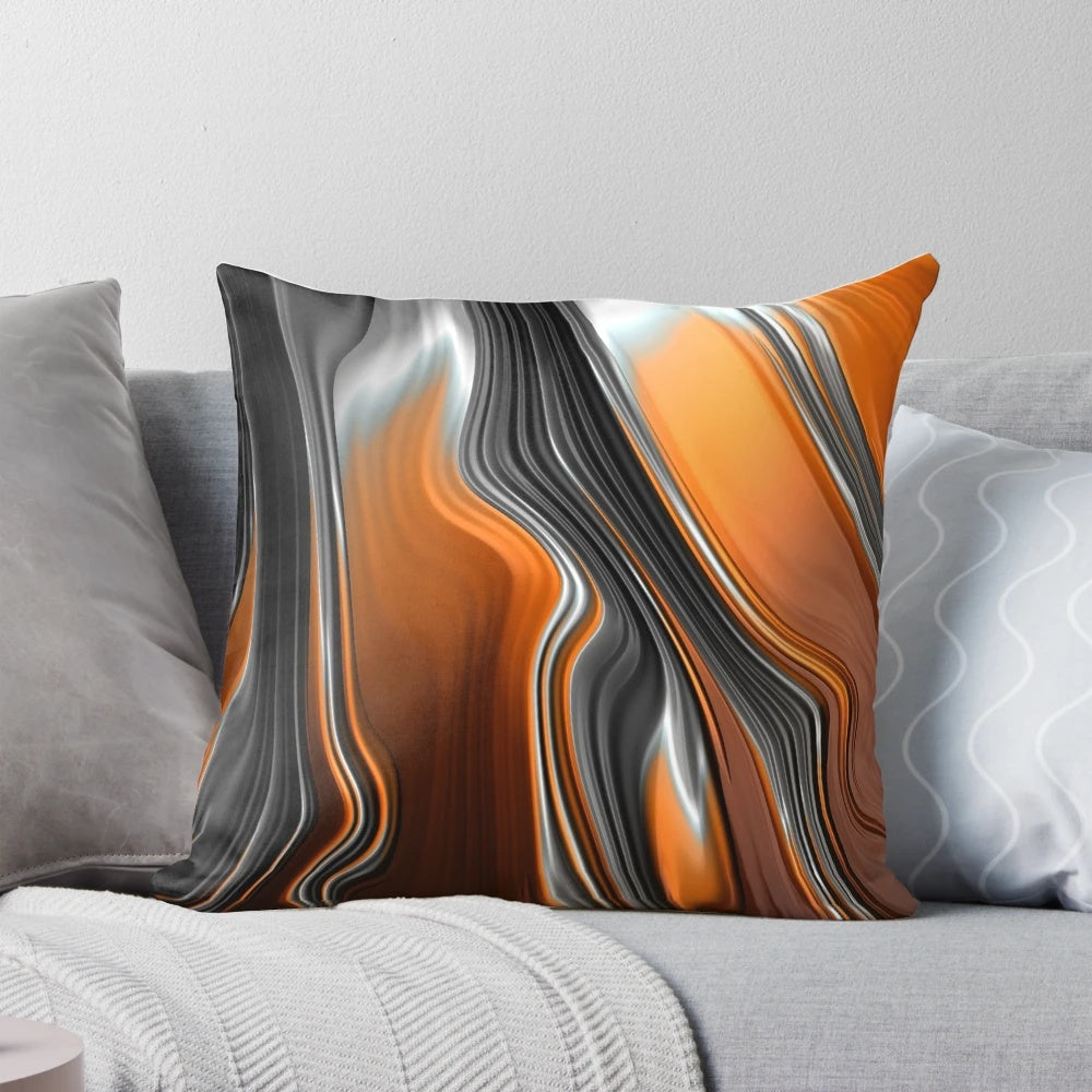 Colorful abstract art painting design in shades of orange and black on a decorative throw pillow
