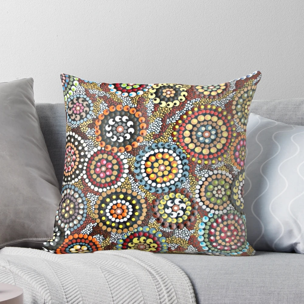 Circles of Life abstract art pillow with earthy, tribal-inspired design