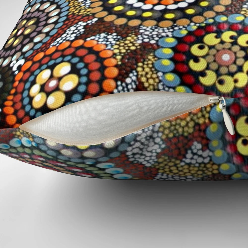 Circles of Life abstract art pillow with earthy, tribal-inspired design