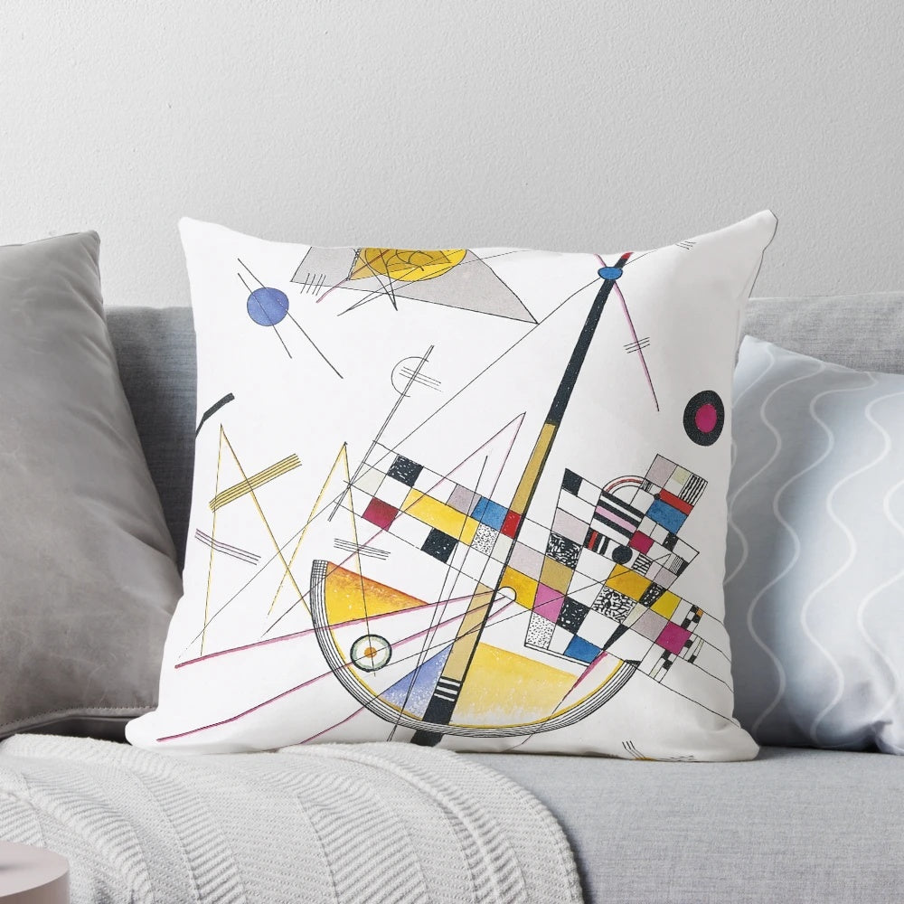 Decorative throw pillow featuring a vibrant abstract design inspired by the iconic artwork of Wassily Kandinsky.