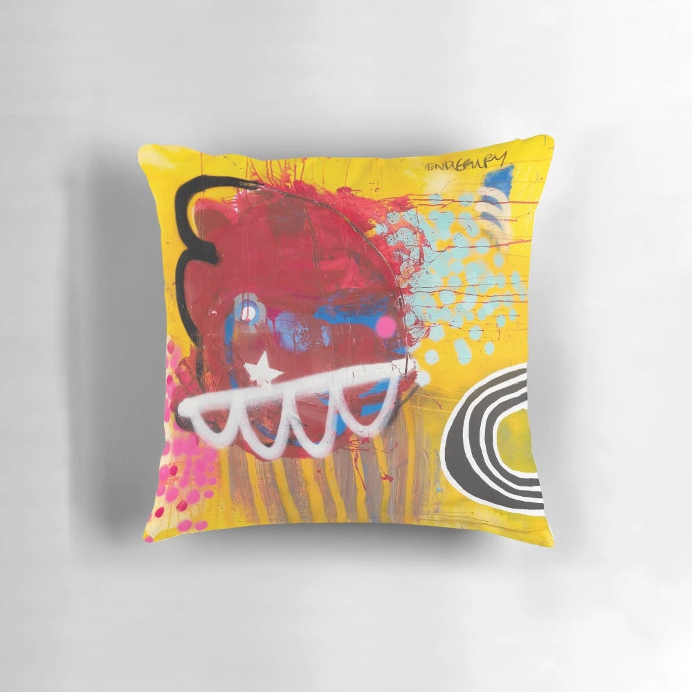 Colorful abstract art pillow featuring a vibrant, contemporary painting by artist Nathan Pendlebury.