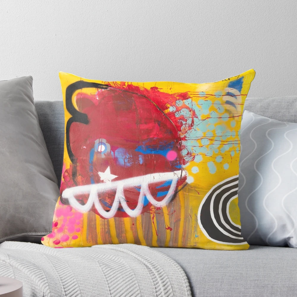 Colorful abstract art pillow featuring a vibrant, contemporary painting by artist Nathan Pendlebury.