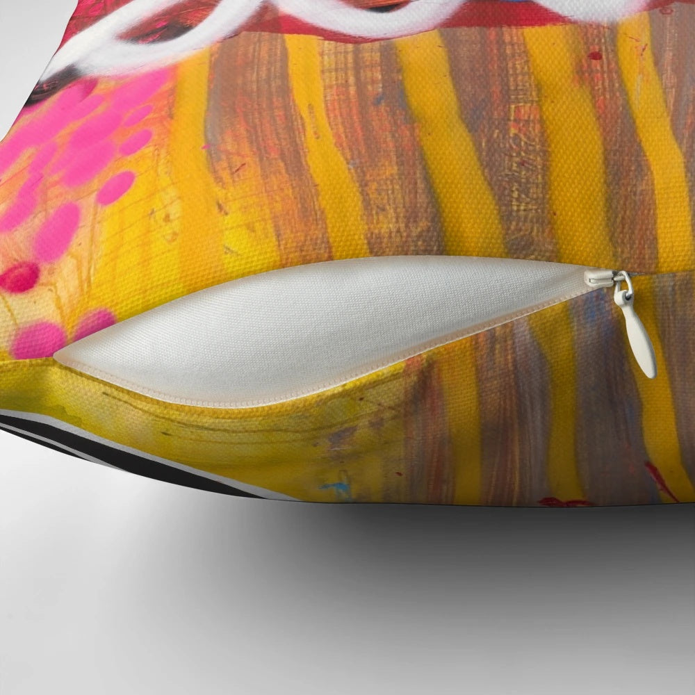 Colorful abstract art pillow featuring a vibrant, contemporary painting by artist Nathan Pendlebury.