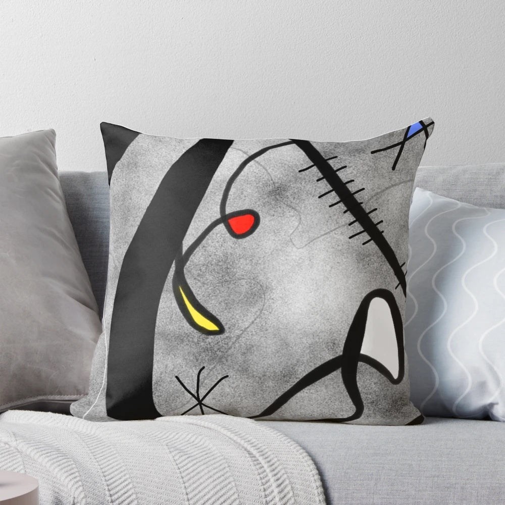 Colorful abstract art pillow with geometric shapes and Miro-inspired motifs