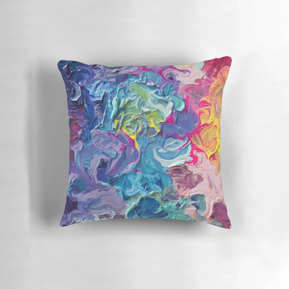 Colorful abstract art pillow featuring vibrant rainbow palette and impasto brush strokes by artist Shatseva
