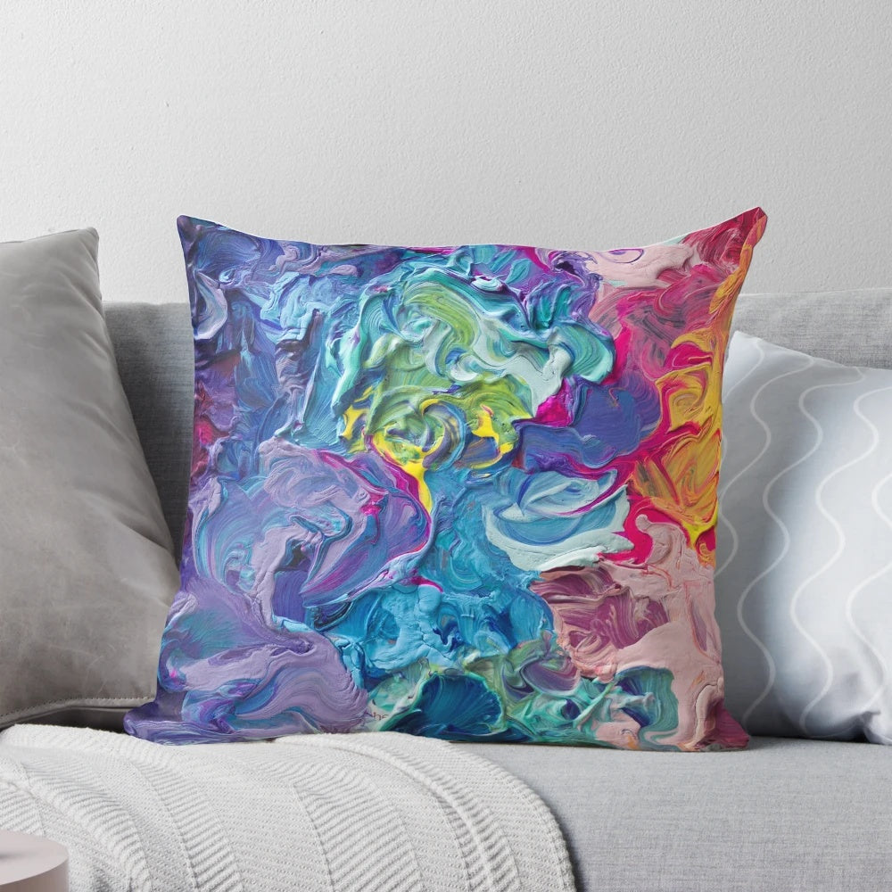 Colorful abstract art pillow featuring vibrant rainbow palette and impasto brush strokes by artist Shatseva