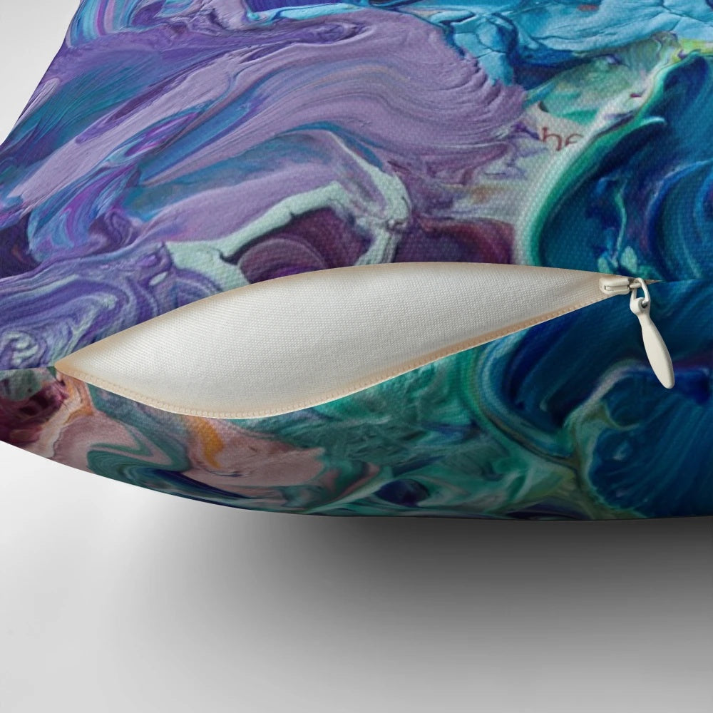 Colorful abstract art pillow featuring vibrant rainbow palette and impasto brush strokes by artist Shatseva