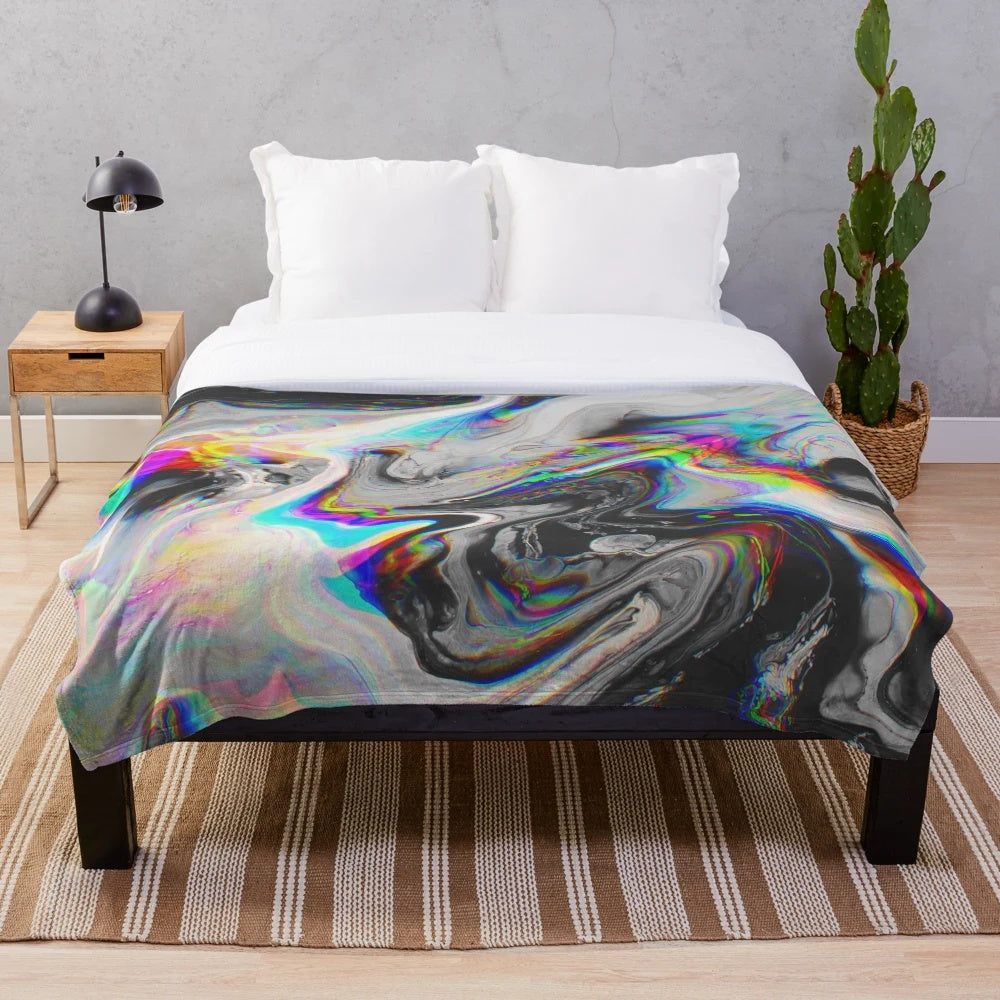 Plush blanket with vibrant abstract, psychedelic marble pattern design