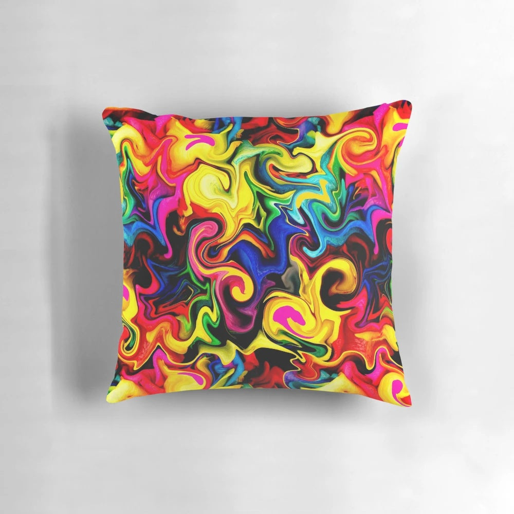 Colorful abstract designs in shades of purple, green, yellow, blue, and red on a decorative throw pillow.