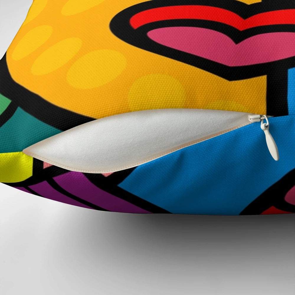 Colorful abstract art face design on a decorative throw pillow for living room or bedroom.
