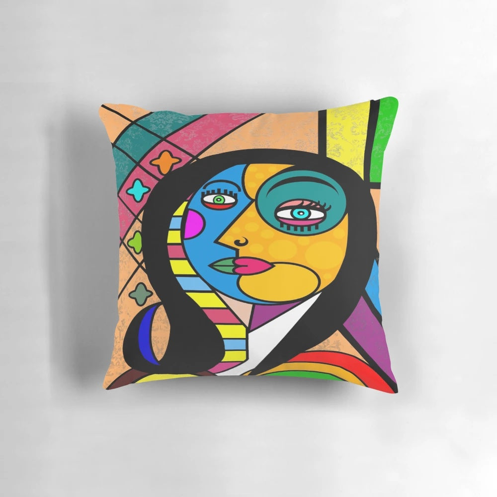 Colorful abstract art design pillow featuring a minimalist face illustration