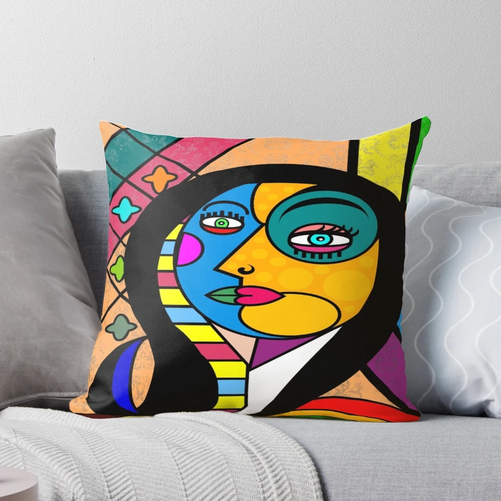 Colorful abstract art design pillow featuring a minimalist face illustration