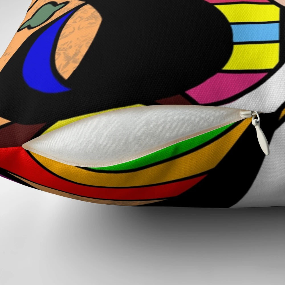 Colorful abstract art design pillow featuring a minimalist face illustration
