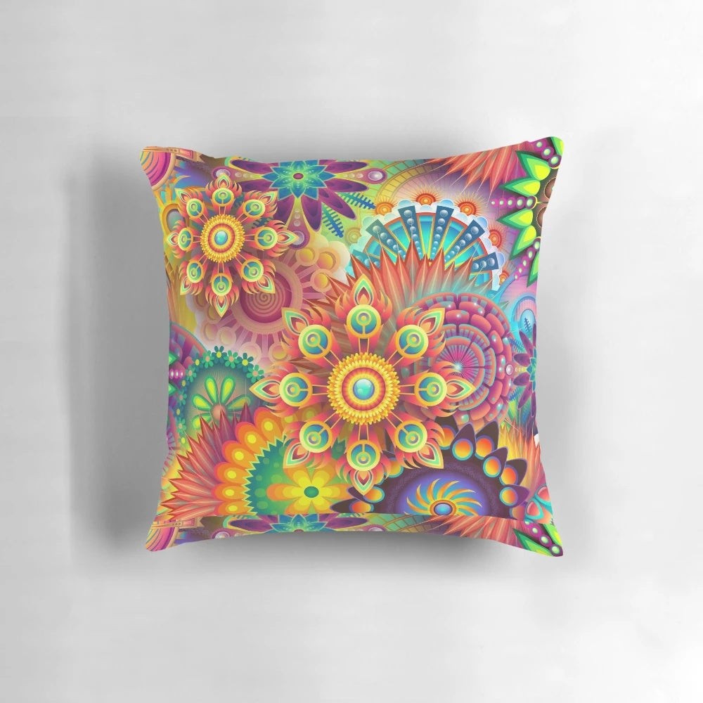 Colorful abstract pattern pillow with floral and geometric designs