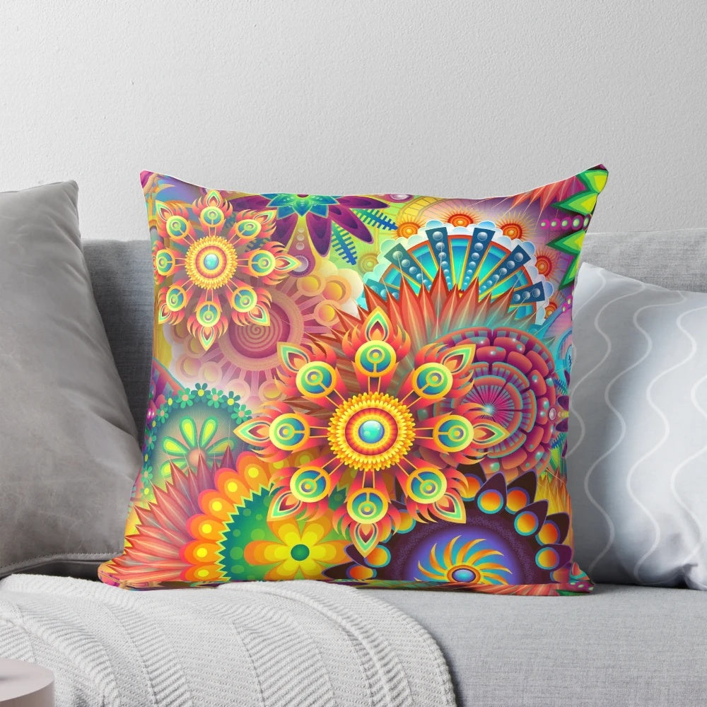 Colorful abstract pattern pillow with floral and geometric designs