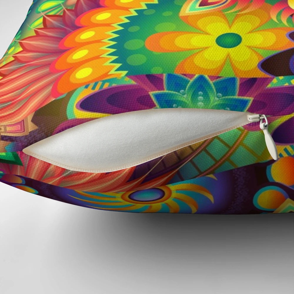 Colorful abstract pattern pillow with floral and geometric designs