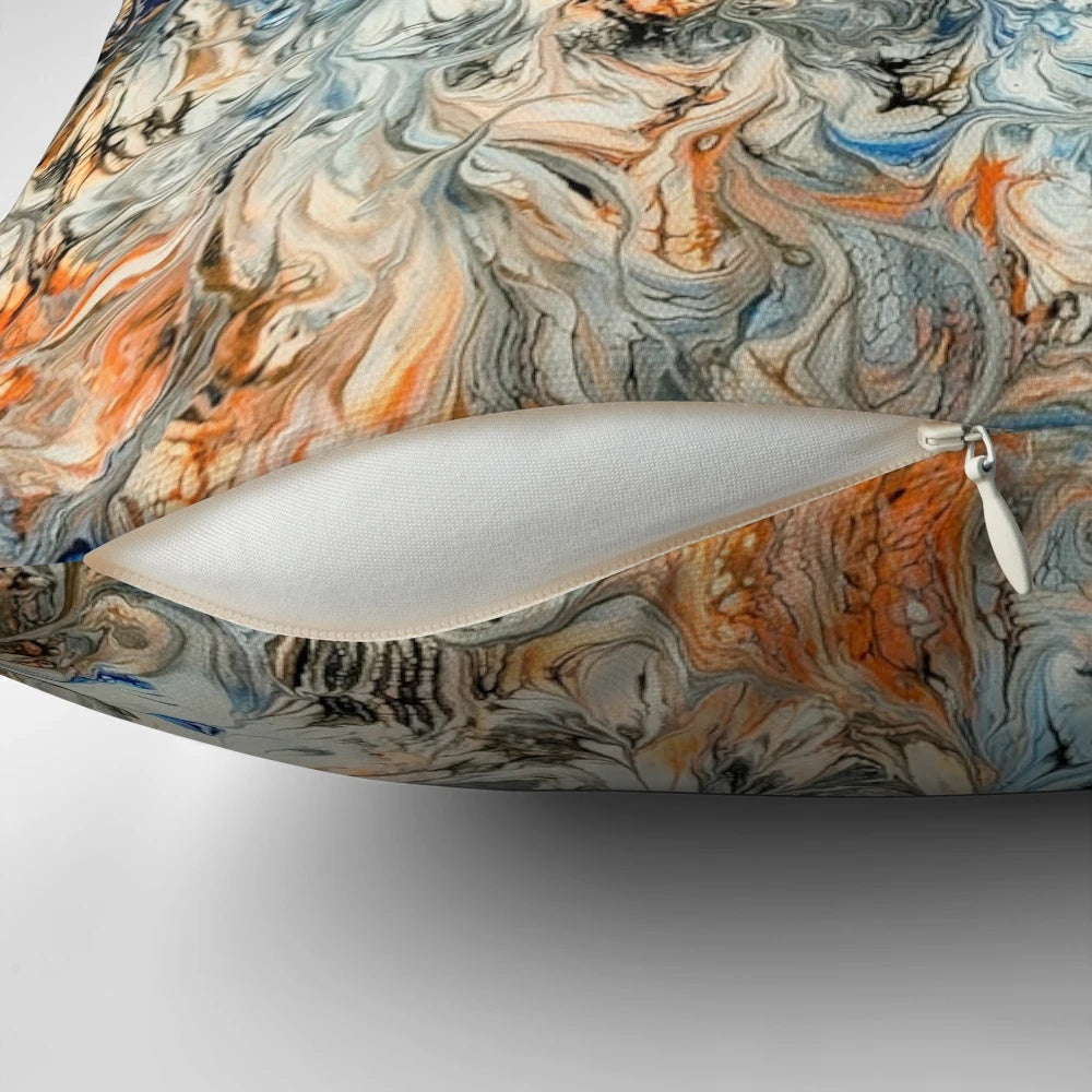Decorative abstract floral throw pillow in complementary blue and orange colors