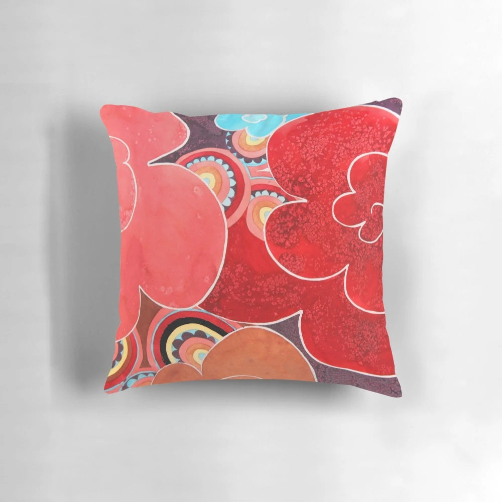 A stylish abstract floral pattern pillow in vibrant colors, perfect for modern home decor.