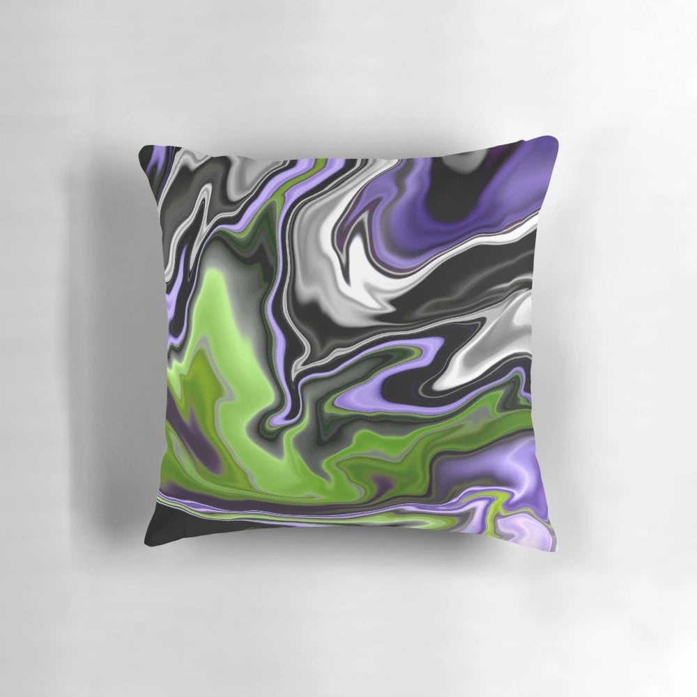 Vibrant abstract fluid art pattern printed on a pillow for modern home decor.