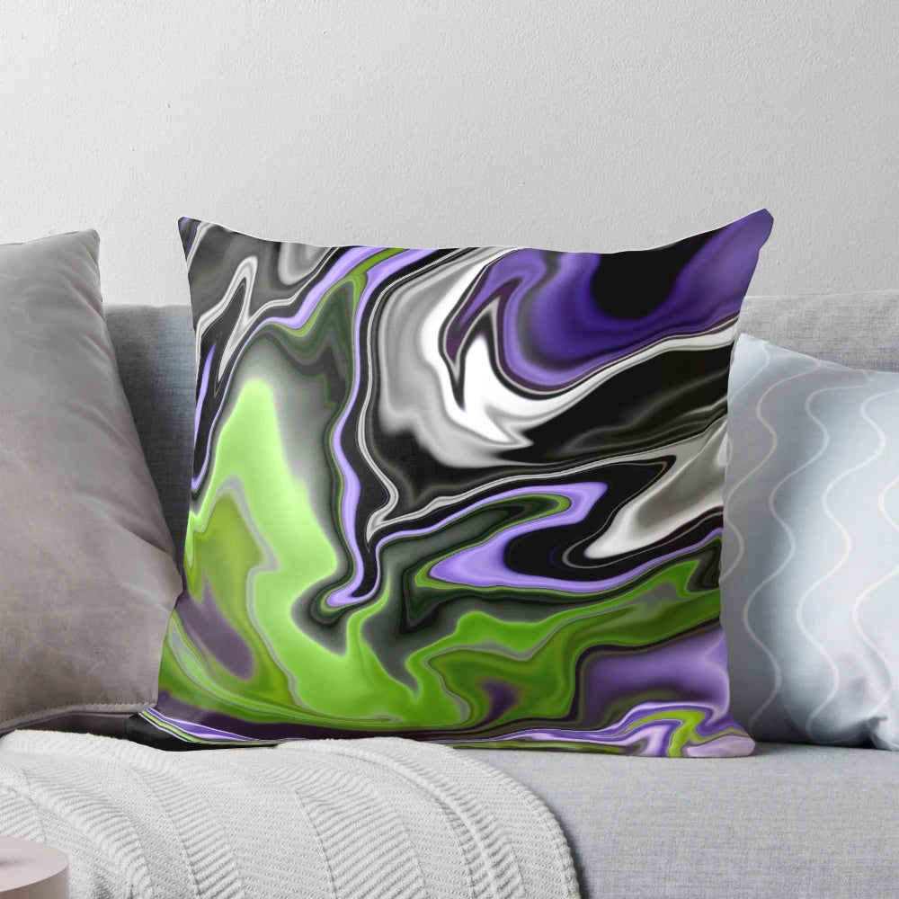 Vibrant abstract fluid art pattern printed on a pillow for modern home decor.