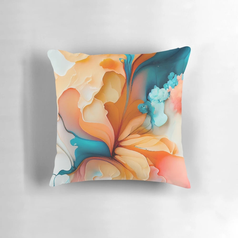 Colorful abstract fluid blending decorative pillow featuring shades of yellow, blush, and blue