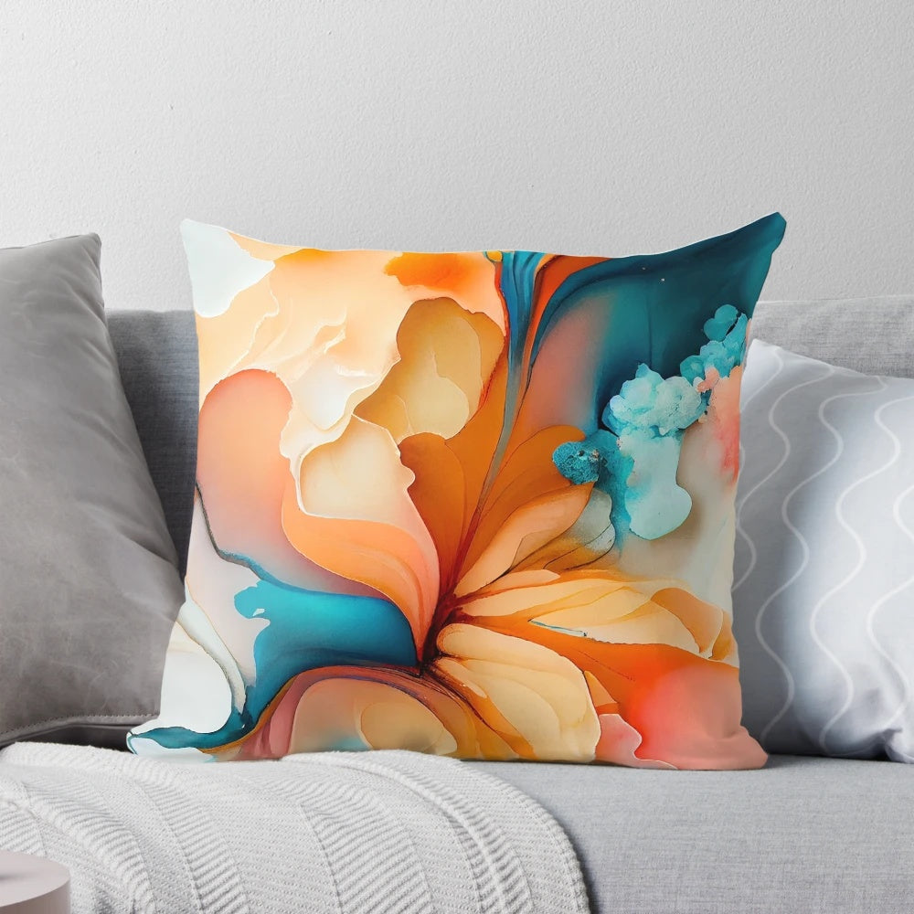 Colorful abstract fluid blending decorative pillow featuring shades of yellow, blush, and blue