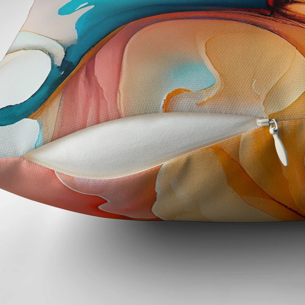 Colorful abstract fluid blending decorative pillow featuring shades of yellow, blush, and blue