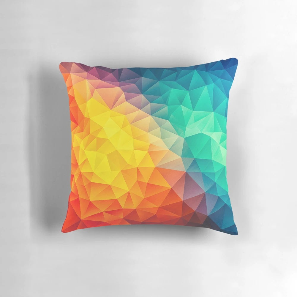Colorful abstract geometric cubism art design printed on a pillow.
