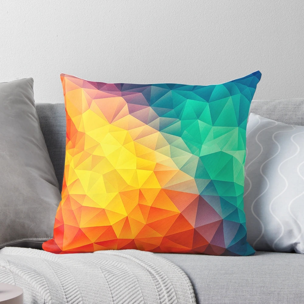 Colorful abstract geometric cubism art design printed on a pillow.