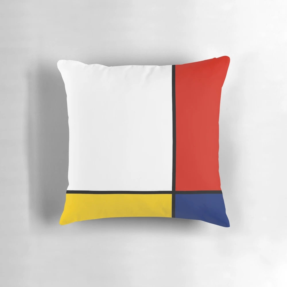 Colorful abstract geometric throw pillow with Mondrian-inspired art design
